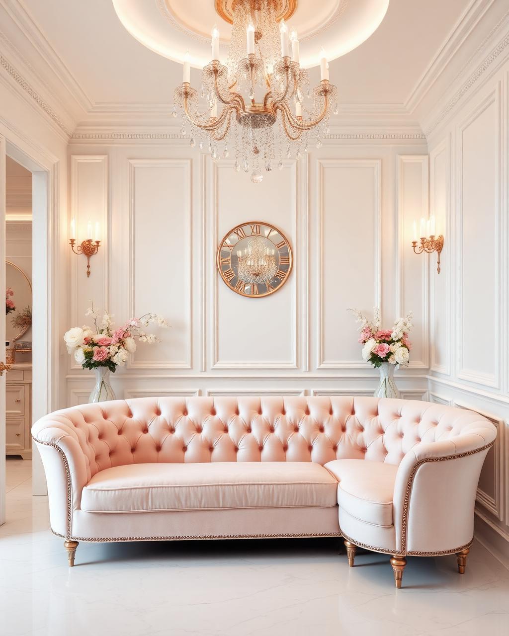 Lounge VIP klinik dengan sofa beludru pink dan chandelier