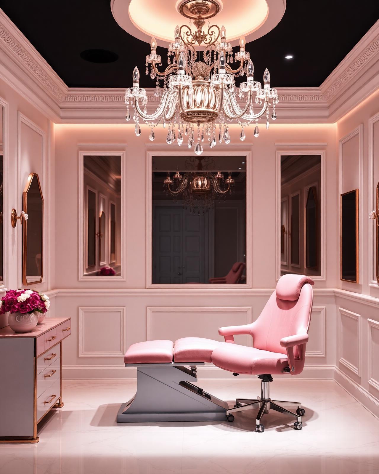 Interior klinik estetika Devanka yang mewah dengan kursi perawatan pink dan chandelier kristal